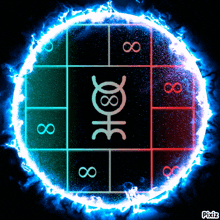 a blue and red circle with the number 8 inside