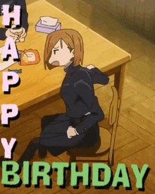 a cartoon of a girl sitting at a table with the words happy birthday above her