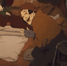 a cartoon drawing of a man kneeling down with his hands on a blanket