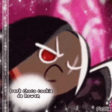 a dark choco cookie from cookie run is sleeping on a pink background with a red eye .