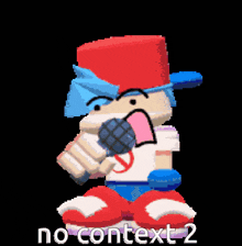a pixel art of a cartoon character holding a microphone and the words no context 2 below him