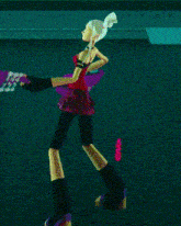a cartoon character is holding a purple guitar and wearing a white hat