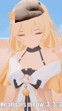 a girl with a cat on her head and the words headpats meow 3 3 3