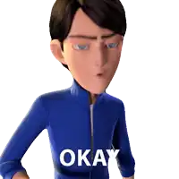 a cartoon character with his eyes closed and the word okay on his chest