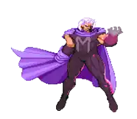 a pixel art of a superhero in a purple cape holding a purple object .
