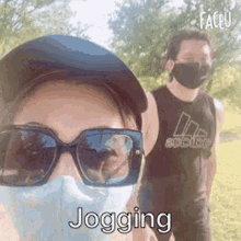 jogging couple face mask shades on morning jog