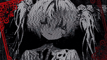 a black and white drawing of a person with a red border