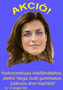 a blue poster with a woman 's face and the words akcio on it