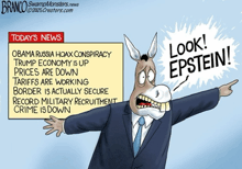 a cartoon of a donkey pointing at epstein says today 's news
