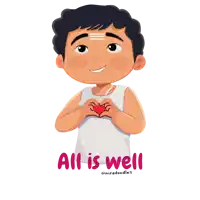a cartoon of a boy making a heart with his hands and the words all is well behind him