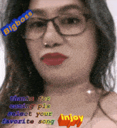 a picture of a woman with glasses and a bigboss sticker