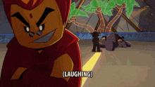 a cartoon character is laughing while standing next to another character