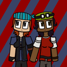 a couple of cartoon characters holding hands with a red and blue background