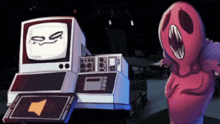 a cartoon drawing of a ghost standing next to a computer with a smiley face on it