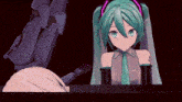 hatsune miku is sitting at a table with a robot in the background