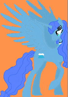 a drawing of a blue unicorn with wings