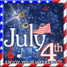 a july 4th greeting card with music notes and an american flag