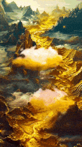 a painting of a mountain landscape with clouds