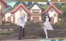 two anime girls are dancing in front of a house with a pink roof