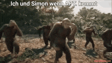 a group of chimpanzees are dancing in the woods with the caption ich und simon wenn apt. kommt