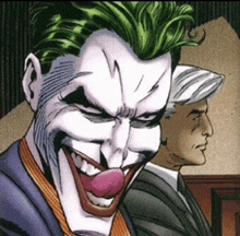 a close up of the joker with his tongue hanging out