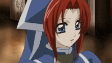 a girl with red hair is wearing a blue and white uniform