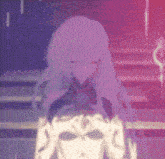 a pixel art of a girl with long white hair standing in front of stairs .