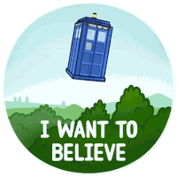 a sticker that says i want to believe with a police box