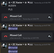 a screenshot of zc xavier and auden 's missed calls