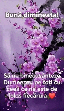 a picture of a tree with purple flowers and the words buna dimineata