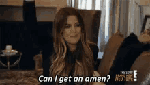 a woman is sitting on a couch with the words `` can i get an amen ? ''