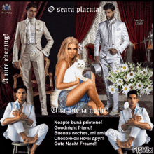 a picture of a woman sitting on a couch with a white cat and a man in a suit