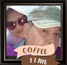 a picture of a man and a woman with a sign that says " coffee time "
