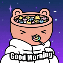 a cartoon of a teddy bear with a bowl of cereal in his head and the words " good morning " on the bottom