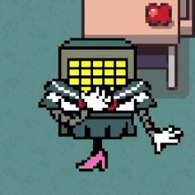 a pixel art character is standing in front of a table with a heart on it .
