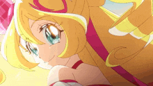 a girl with blonde hair and blue eyes is wearing a red and white dress