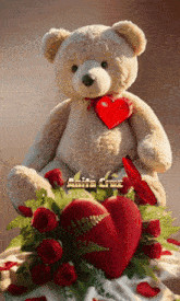 a teddy bear with a red heart in its paws is surrounded by roses