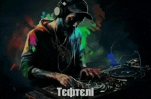 a man wearing headphones is playing music on a turntable