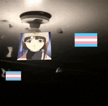 a picture of a girl with a helmet on is surrounded by transgender flags