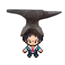 a pixel art character standing next to an anvil on a white background