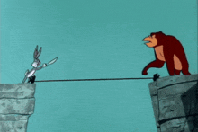 bugs bunny and a bear are standing on the edge of a cliff talking to each other .