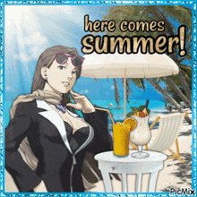 a picture of a woman on the beach with the words here comes summer below her