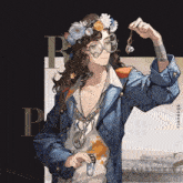 a drawing of a man with a flower crown on his head holding a key