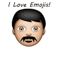 a man with a mustache is holding a mug of beer and says " i love emojis " on the bottom