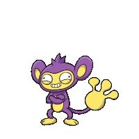 a purple monkey standing next to a yellow monster that says " sorry no "