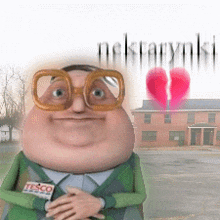 a cartoon character with glasses and a tesco tag