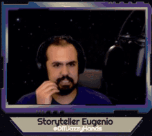 a picture of a man with headphones and the name storyteller eugenio