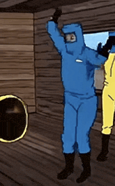 a man in a blue suit is standing in a room with another man in a yellow suit