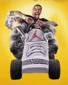 a man is riding a lawn mower made out of shoes .