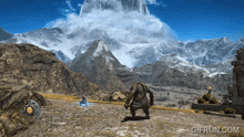 a video game with a mountain in the background and the website gifrun.com at the bottom of the screen